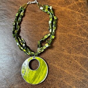 Artisan Olive Green Beaded Necklace with Circular Pendant
